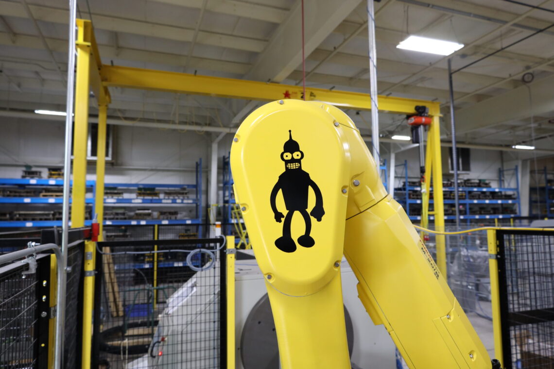 Close up of the arm on Bender the Fanuc robot at Apex.
