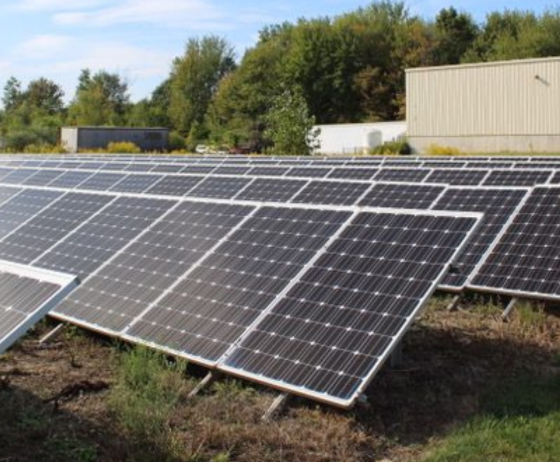 Close up photo of the solar panels on the solar farm at the Apex Main plant.