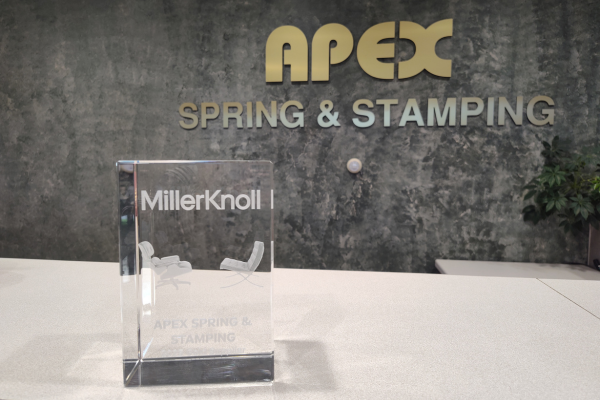Photo of the 2025 MillerKnoll Knoll Gold Supplier Award sitting on the front counter at the Apex front office of the main plant.
